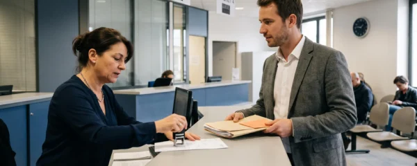 Un entrepreneur remet un dossier de documents à un agent qui tamponne un papier au guichet d'un greffe administratif.